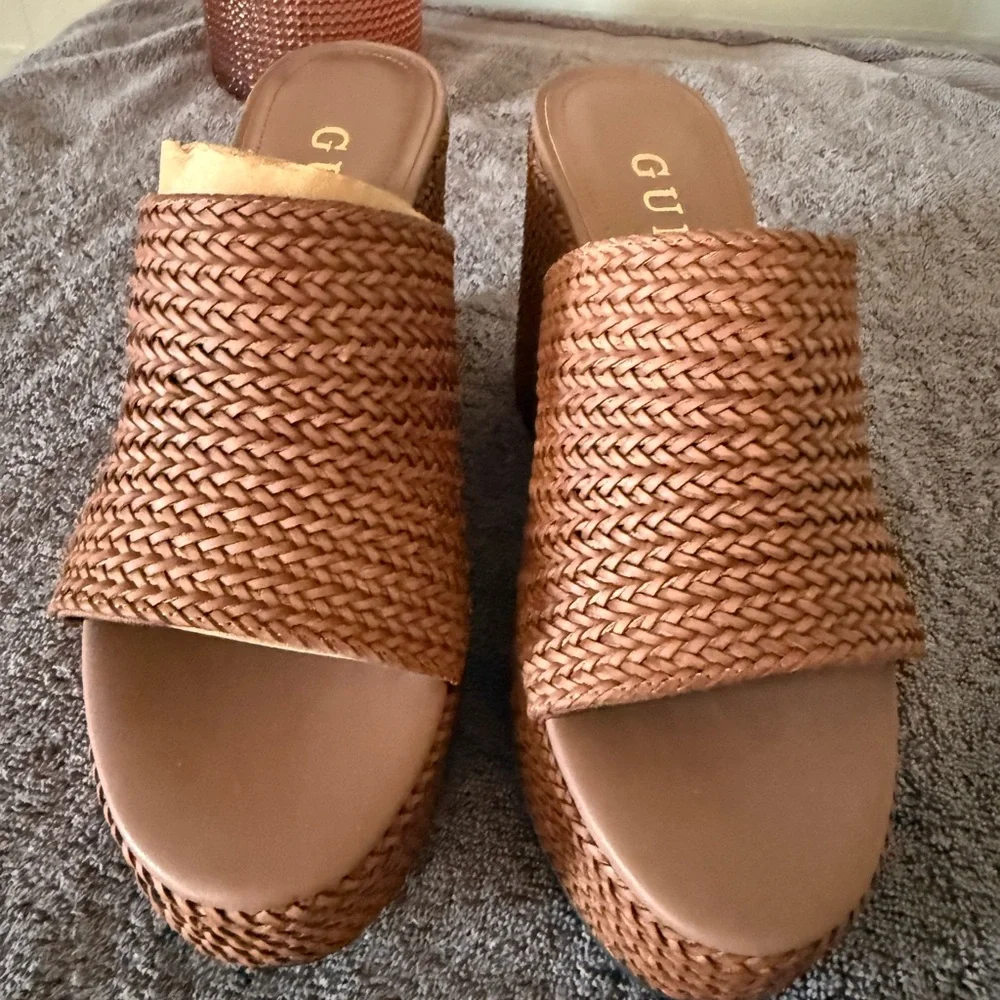 Guess Brown Woven Platform Wedge Slides - Picture 3 of 5